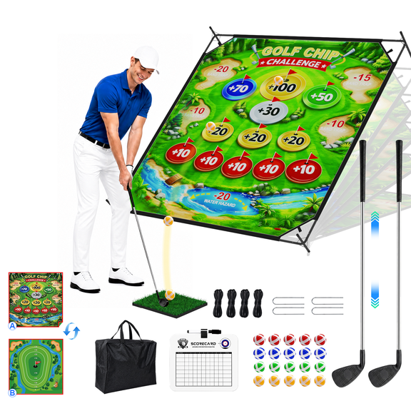 Golf Chipping Game Set, Portable Battle Golf Game with 71" x 71" Dual-Sided Target, Adjustable Stand, 2 Clubs and 20 Sticky Balls, Indoor & Outdoor Family Gift