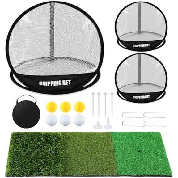 Golf Chipping Net Set with 3 Targets & Tri-Turf Hitting Mat Pop up Chipping Practice Net for Short Game Accuracy, Backyard & Indoor Golf Training Portable Kit Gifts All-in-one Training Kit
