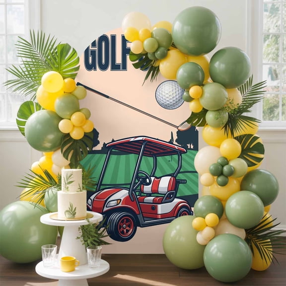 Golf Club Arch Backdrop Cover, 4FT, Vintage Golf Ball Cart Grass Beige Background Spandex Arch Covers Double-Sided Backdrop for Wedding Birthday Party Photo Background Decoration