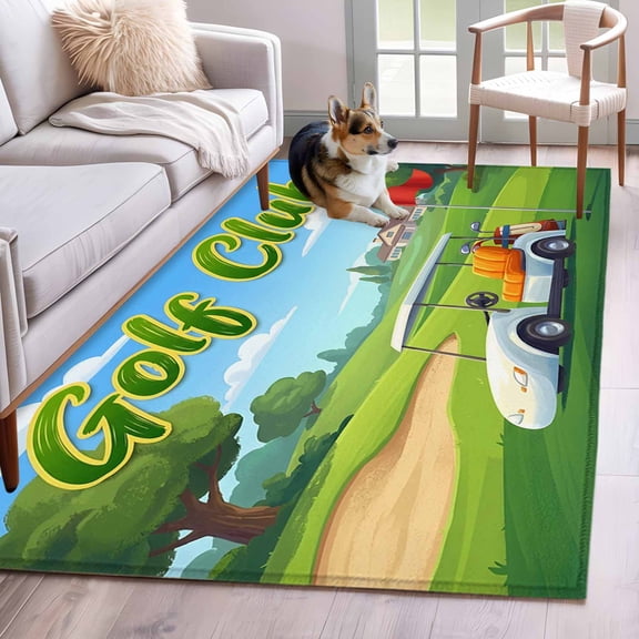 Golf Club Area Rugs 4x6 ft Cartoon Golf Cart Balls Sport Grass Washable Rug Non Slip Indoor Carpet Absorbent Floor Mat for Living Room Bedroom Dining Room