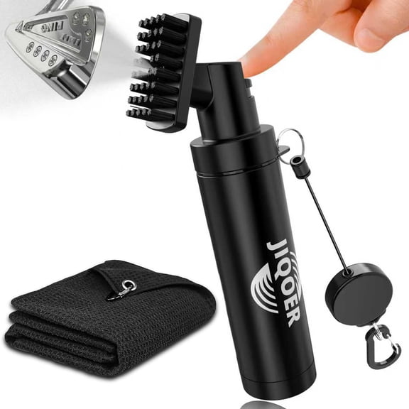 Golf Club Cleaner Brush with 360 All-Angle Spray Design (5.3oz) and Microfiber Waffle Towel (16x16in), Leakproof Club Cleaning Kit with Retractable Clip Must-Have Golf Accessories for Men & Women