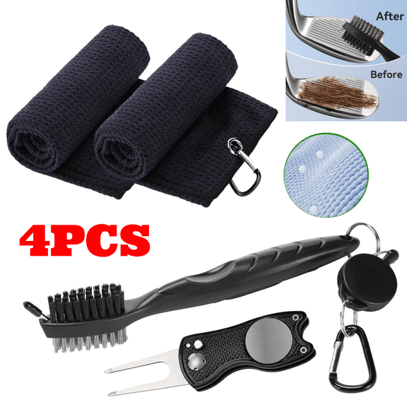 Golf Club Cleaning Kit, 3 in 1 Golf Cleaning Kit, Golf Towel and Brush Set Including 2 Black Towels, 1 Brush and 1 Golf Divot Tool