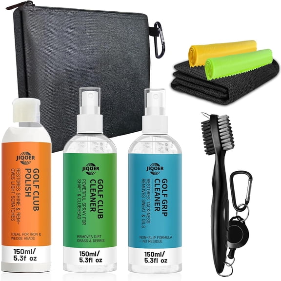 Golf Club Cleaning Kit Grip & Shaft Cleaner, Polish, Groove Sharpener, Brushes & Towels Complete Golf Club Care Kit for Irons, Drivers, Putters Rust, Scuff, and Scratch Remover