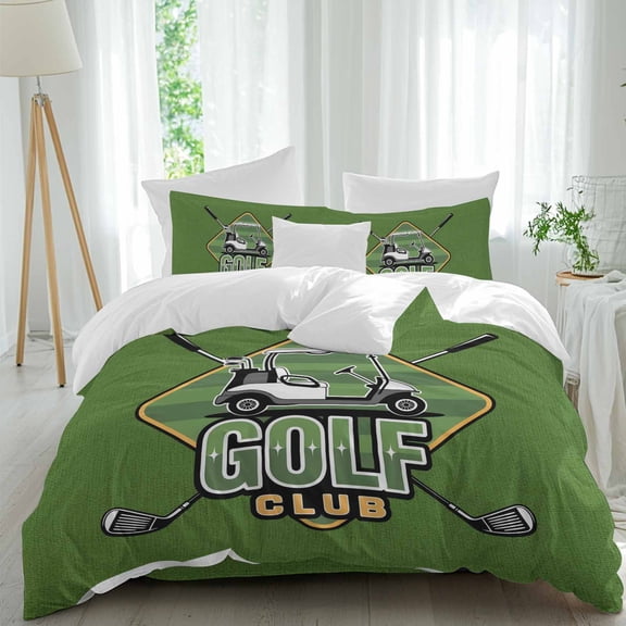 Golf Club Comforter Set Twin Size, Abstract Motor Vehicle Vintage Green Linen Soft Bedding Set for Man Woman, 4 Pieces Duvet Cover Set with Fitted Sheet, 2 Pillowcases