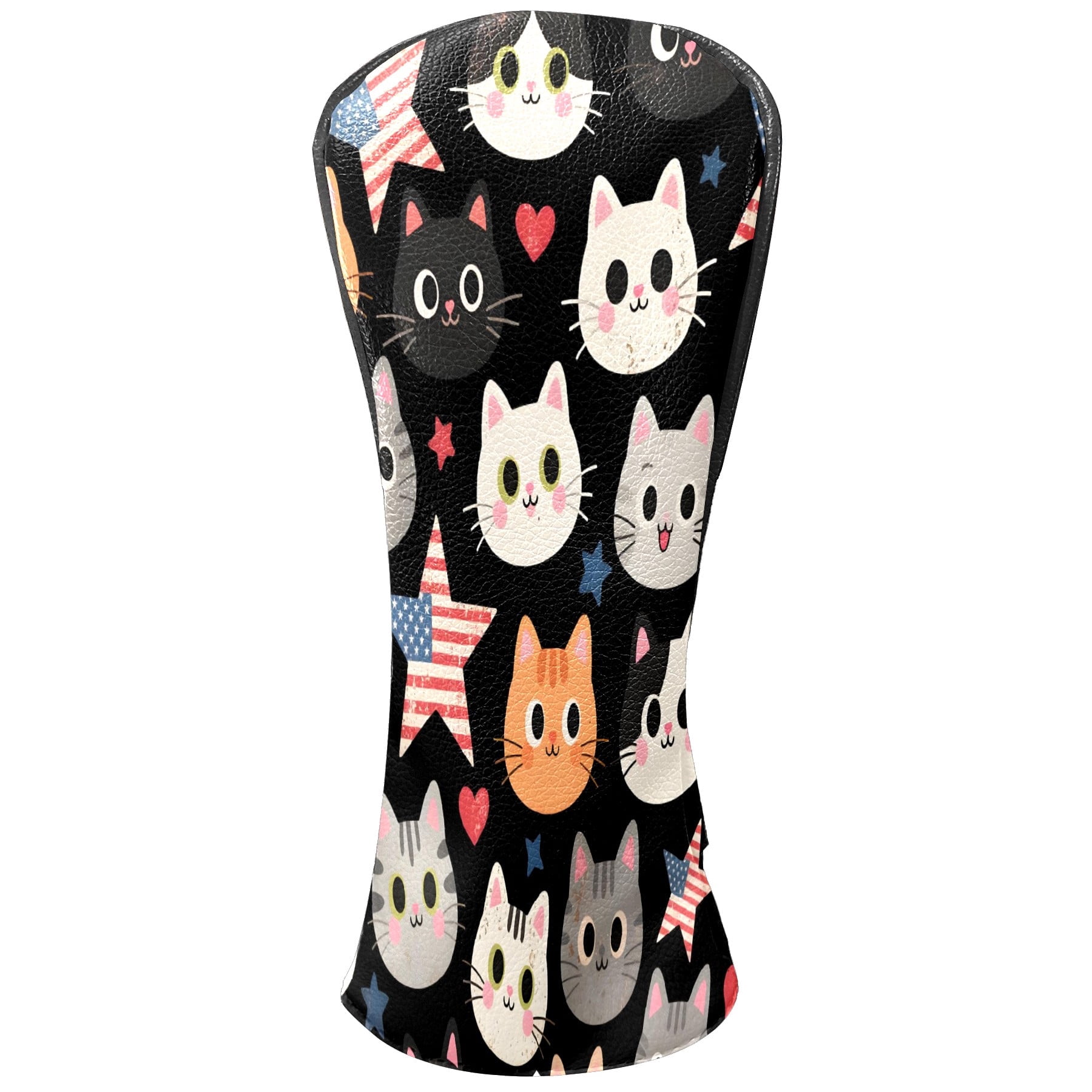 Golf Club Covers, Black Cartoon Cat Premium PU Leather Driver Hybrid Putter Head Covers with Velvet Lining, Waterproof Golf Gifts for Men Women
