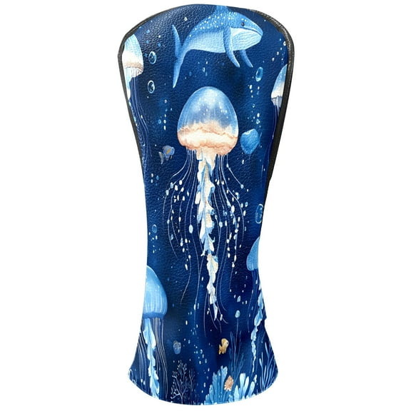 Golf Club Covers, Blue Jellyfish Sea Premium PU Leather Driver Hybrid Putter Head Covers with Velvet Lining, Waterproof Golf Gifts for Men Women