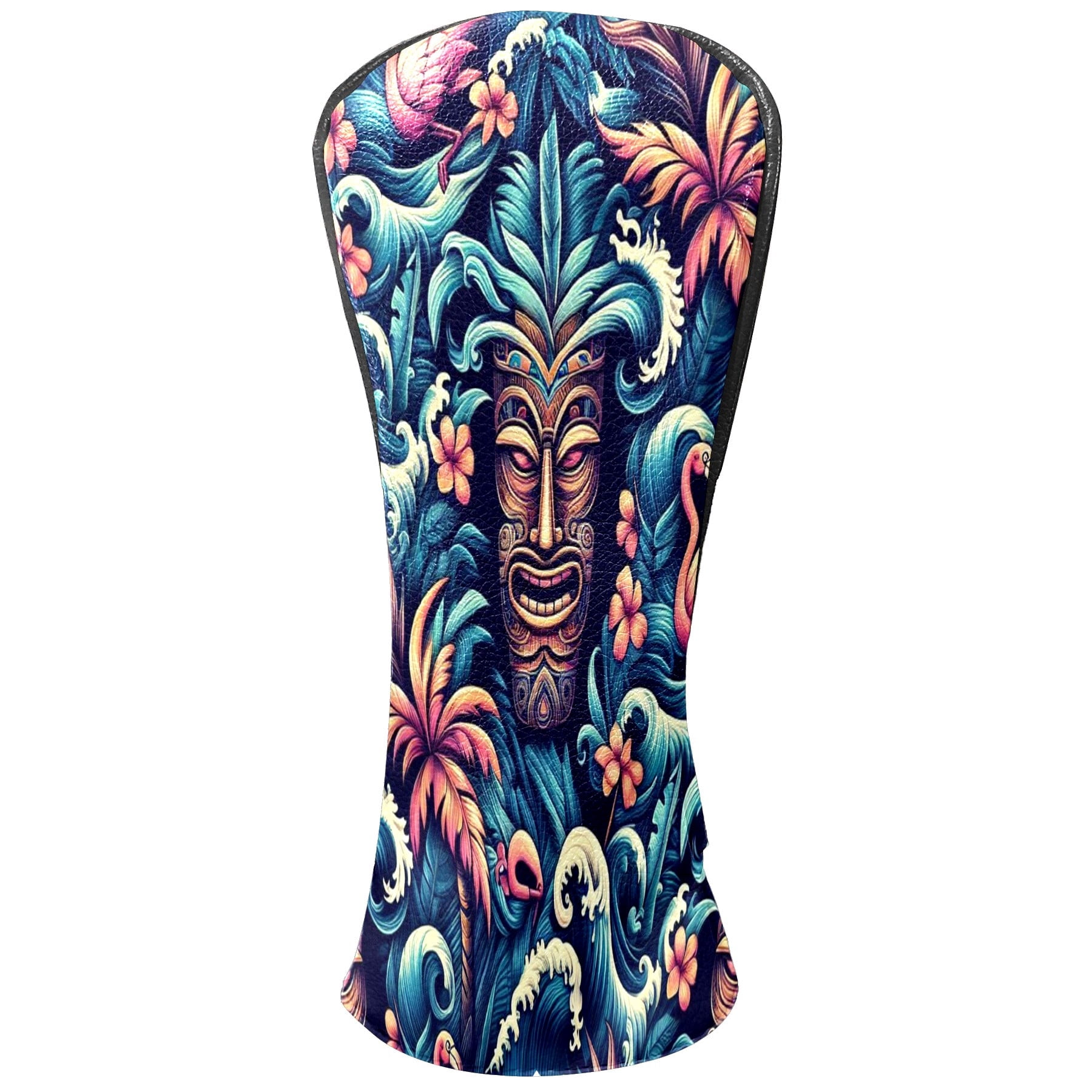 Golf Club Covers, Blue Tiki Flamingos Premium PU Leather Driver Hybrid Putter Head Covers with Velvet Lining, Waterproof Golf Gifts for Men Women