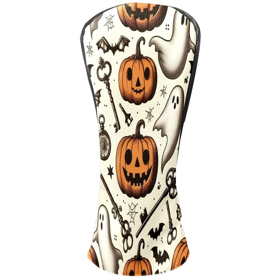 Golf Club Covers, Brown Pumpkin Ghost Key Premium PU Leather Driver Hybrid Putter Head Covers with Velvet Lining, Waterproof Golf Gifts for Men Women