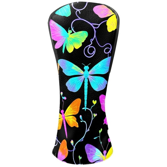 Golf Head Covers - Colorful Dragonfly Pattern, Premium Waterproof PU Leather, Velvet Lining, Fits Driver/Hybrid, Nature-Inspired Golf Gift