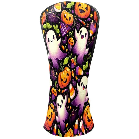 Golf Club Covers, Orange Halloween Ghosts Premium PU Leather Driver Hybrid Putter Head Covers with Velvet Lining, Waterproof Golf Gifts for Men Women