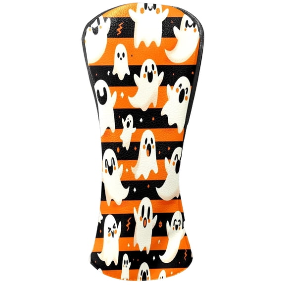 Golf Club Head Covers Orange Stripe Ghost Pumpkin for Driver and Fairway Woods, Premium PU Leather, Waterproof, Velvet Lining, Unisex Golf Gift