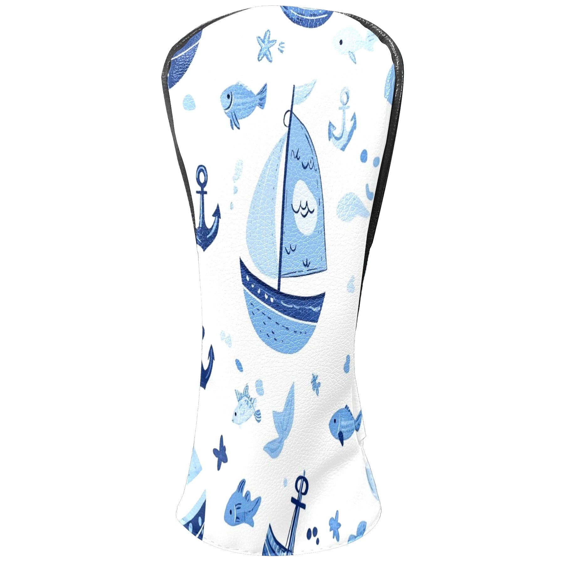 Golf Head Covers Blue Sailboat Pattern for Driver, Wood & Hybrid, Premium Waterproof PU Leather with Plush Lining, Nautical Golf Gifts