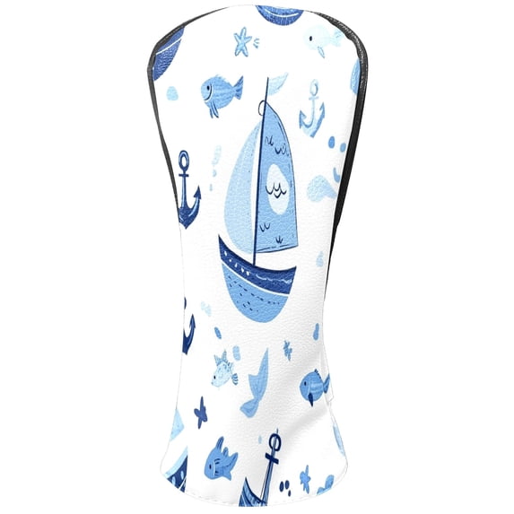 Golf Head Covers Blue Sailboat Pattern for Driver, Wood & Hybrid, Premium Waterproof PU Leather with Plush Lining, Nautical Golf Gifts