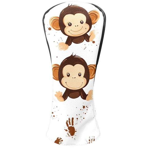 Golf Head Covers Monkey Handprint Pattern for Driver, Wood & Hybrid, Premium Waterproof PU Leather with Plush Lining, Playful Animal Golf Gifts