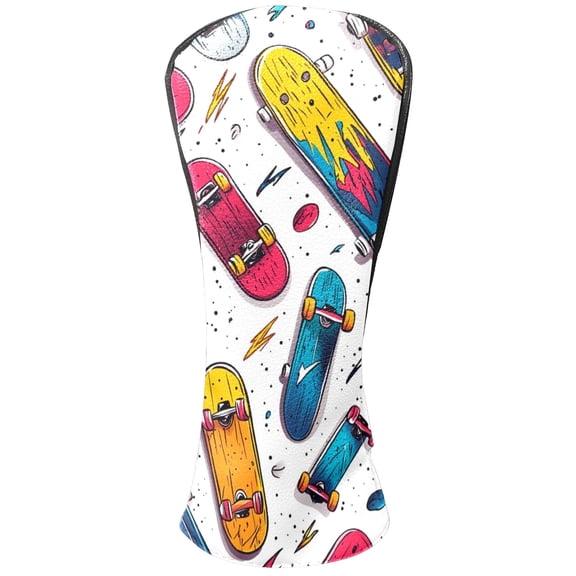 Golf Head Covers Skateboard Pattern for Driver, Wood & Hybrid, Premium Waterproof PU Leather with Plush Lining, Cool Sports Golf Gifts