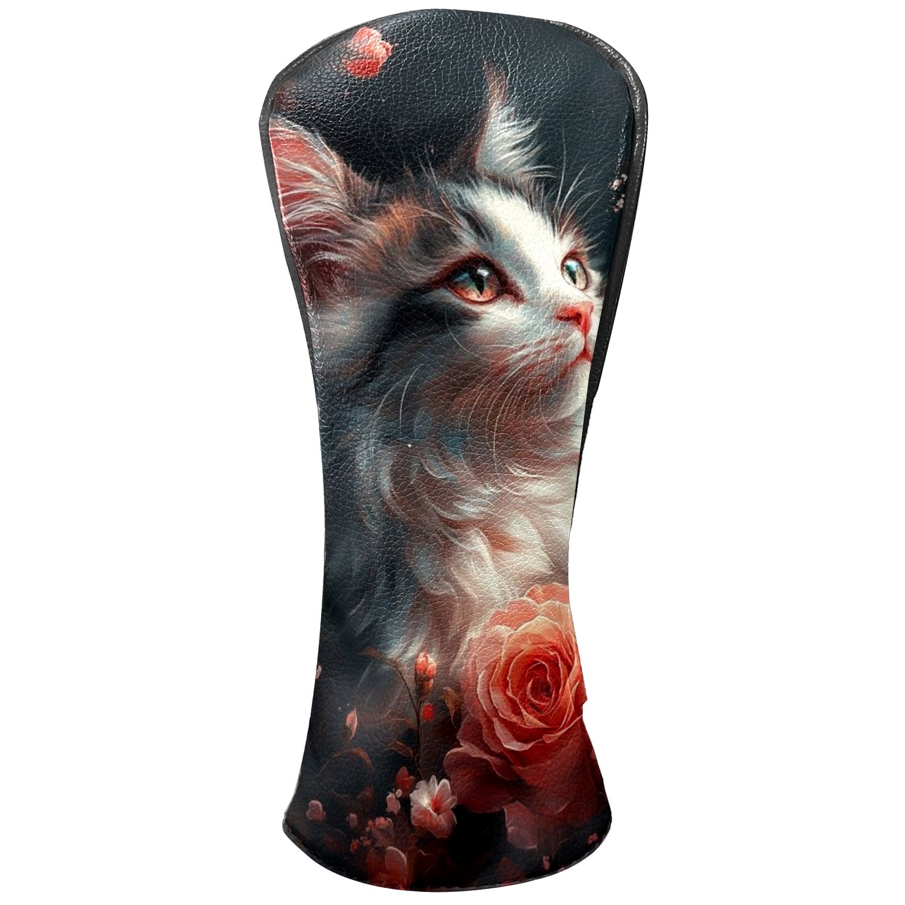 Golf Head Covers White Cat & Flowers Design for Driver, Wood & Hybrid, Premium Waterproof PU Leather with Plush Lining, Cute Floral Golf Gifts