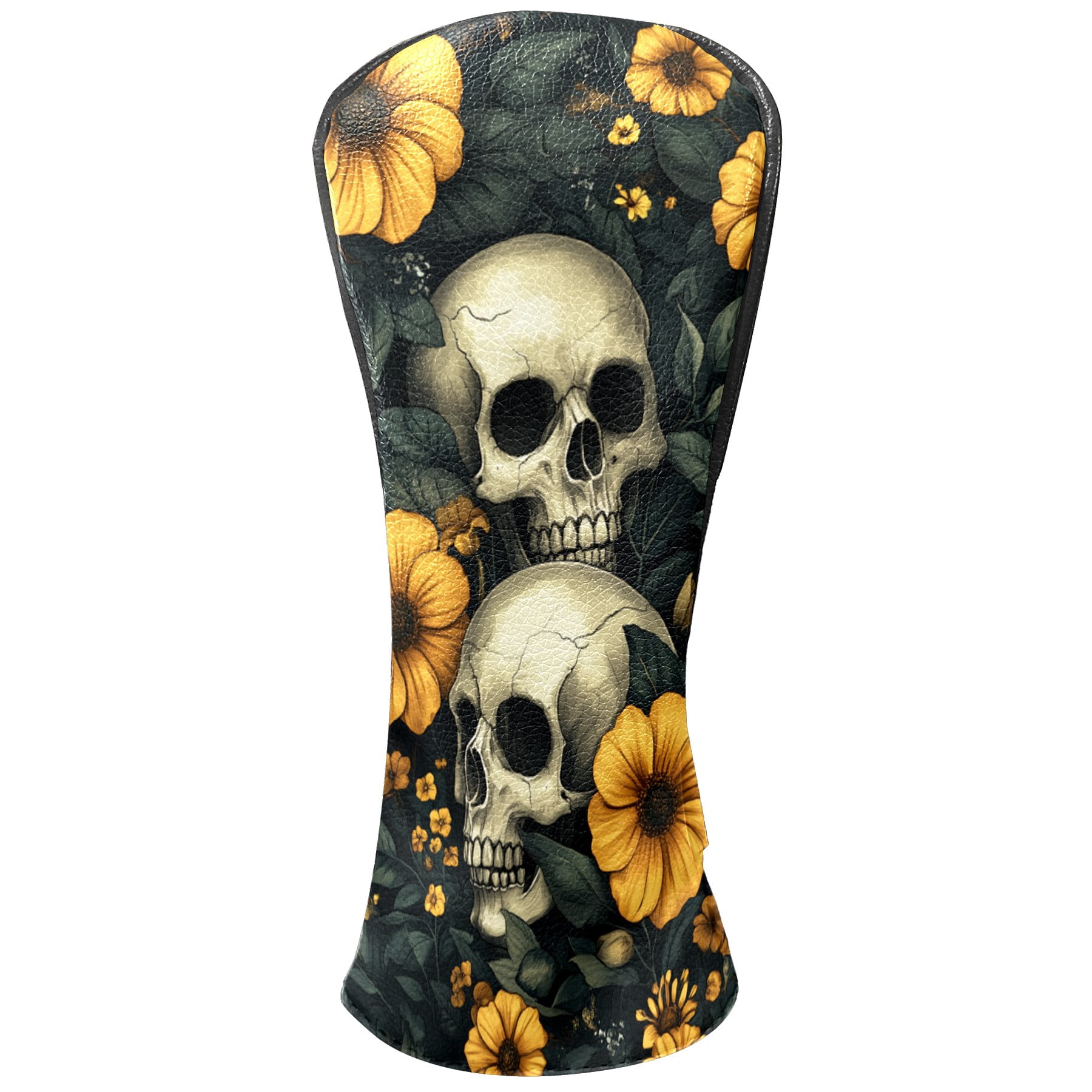 Golf Club Covers PU Leather Waterproof Head Covers for Fairway Woods Hybrids Yellow Flowers And Skulls
