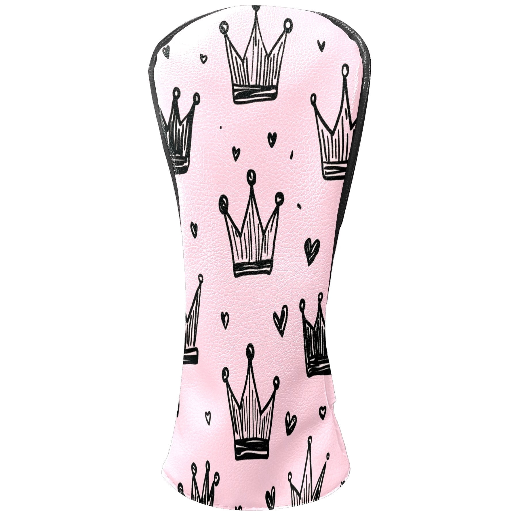Golf Club Covers, Pink Black Crowns Premium PU Leather Driver Hybrid Putter Head Covers with Velvet Lining, Waterproof Golf Gifts for Men Women