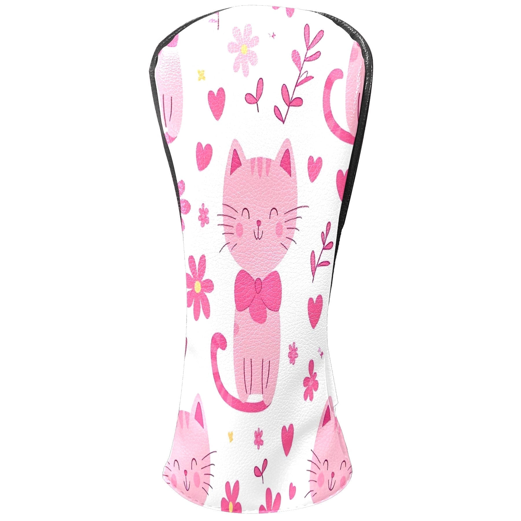 Golf Club Covers, Pink CatFlower Premium PU Leather Driver Hybrid Putter Head Covers with Velvet Lining, Waterproof Golf Gifts for Men Women