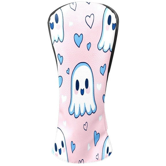 Golf Club Head Covers Pink Large Ghost Hearts for Driver and Fairway Woods, Premium PU Leather, Waterproof, Velvet Lining, Unisex Golf Gift