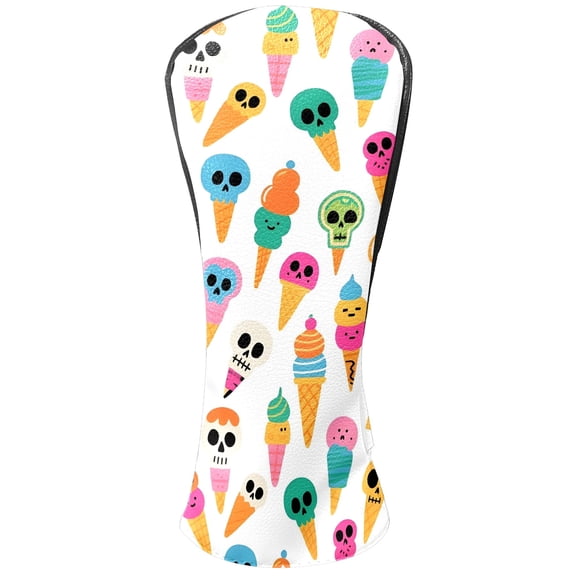 Golf Club Covers, While Ice Cream Skull Premium PU Leather Driver Hybrid Putter Head Covers with Velvet Lining, Waterproof Golf Gifts for Men Women
