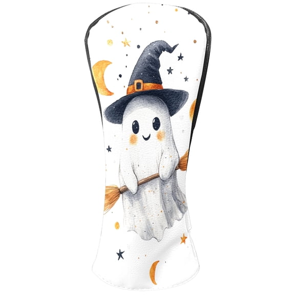 Golf Club Head Covers White Ghost Witch Broom for Driver and Fairway Woods, Premium PU Leather, Waterproof, Velvet Lining, Unisex Golf Gift