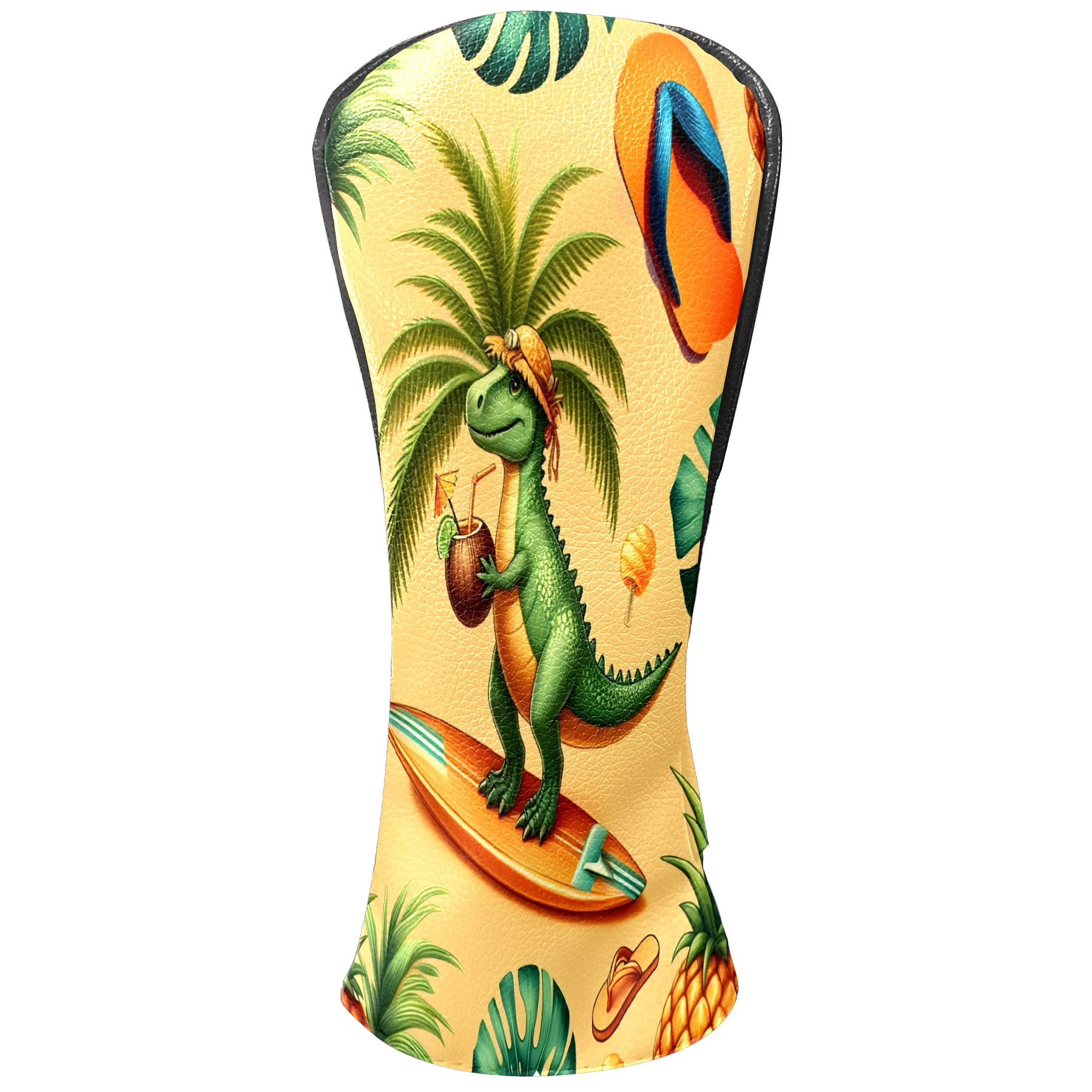 Golf Club Covers, Yellow Dino Surf Premium PU Leather Driver Hybrid Putter Head Covers with Velvet Lining, Waterproof Golf Gifts for Men Women