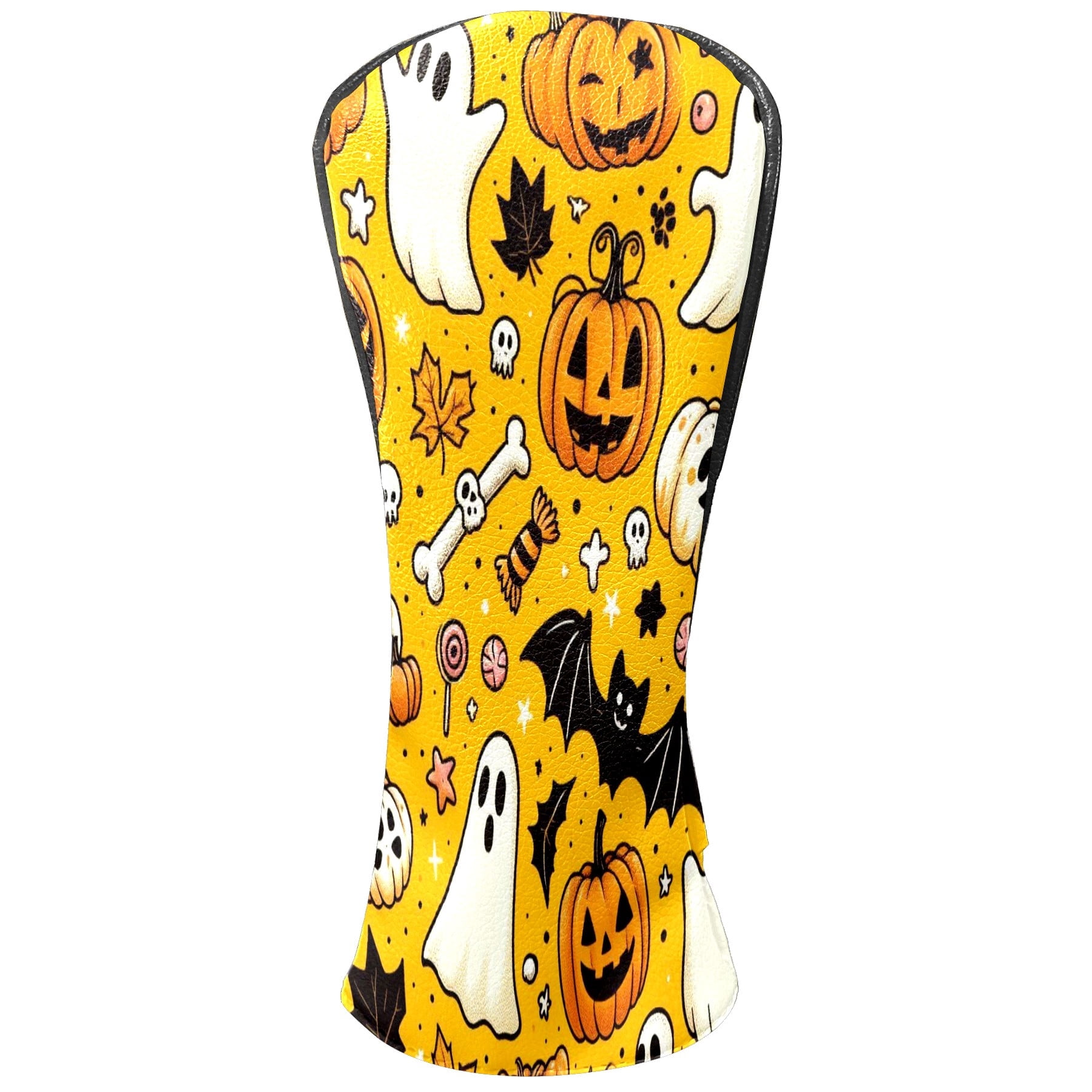 Golf Club Covers, Yellow Ghost Pumpkin Premium PU Leather Driver Hybrid Putter Head Covers with Velvet Lining, Waterproof Golf Gifts for Men Women