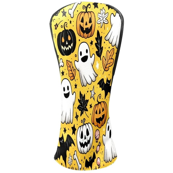 Golf Club Covers, Yellow Ghost Pumpkin Skull Premium PU Leather Driver Hybrid Putter Head Covers with Velvet Lining, Waterproof Golf Gifts for Men Women
