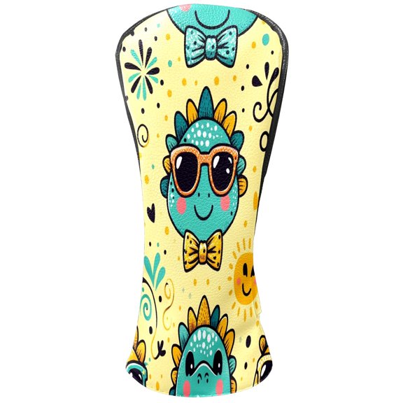 Golf Club Covers, Yellow Sunglass Dinos Premium PU Leather Driver Hybrid Putter Head Covers with Velvet Lining, Waterproof Golf Gifts for Men Women