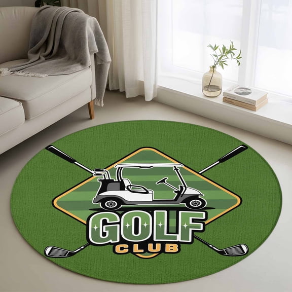 Golf Club Green Round Area Rug 4 FT, Non Slip Indoor Outdoor Rug, Abstract Vintage Golf Sports Washable Soft Circular Carpet Non-Shedding Floor Mat for Coffee Table Nursery Foyer Balcony