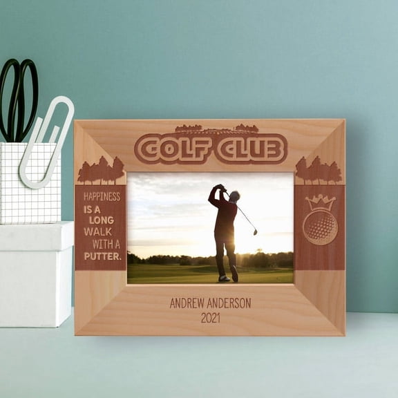 Golf Club Happiness Is A Long Walk With A Putter Personalized Wooden Frame-5" x 3 1/2" Brown Horizontal