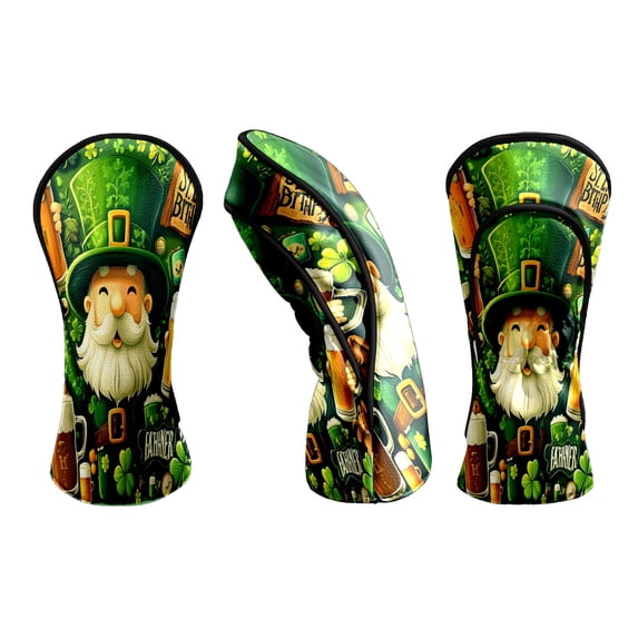 Golf Club Head Covers Jolly Leprechaun & Beer Scene Waterproof Leather Golf Head Covers for Men Women Driver Head Cover Fairway Headcover for Golf Lovers