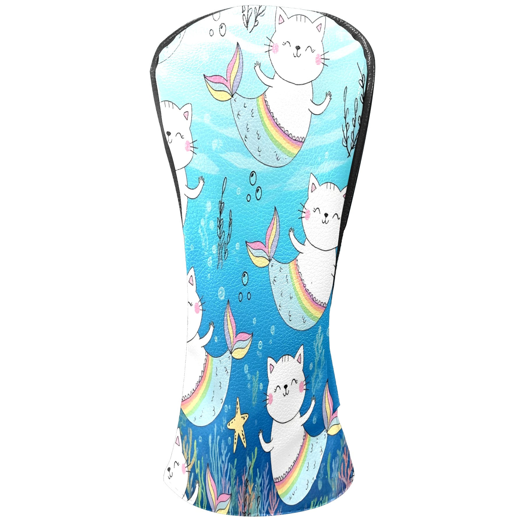 Golf Club Head Covers - Mermaid Cat Blue Design, Premium PU Leather Driver Hybrid Headcovers with Velvet Lining, Waterproof Golf Gifts for Men Women