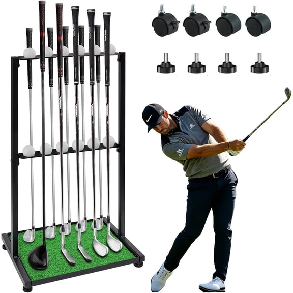Golf Club Holder Stand, Golf Club Organizer Stand for 10 Clubs & 12 Balls, Metal Golf Display Rack with Wheels and Adjustable Feet, Golf Club and Putter Display Stand for Home Office Simulator
