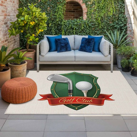 Golf Club Indoor Outdoor Rugs 4x6 Ft, Golf Balls Sport Green Shield Beige Background Outdoor Patio Rugs Mat Washable Outside Area Rugs Carpet for Porch Deck RV Camping Pool Balcony Backyard