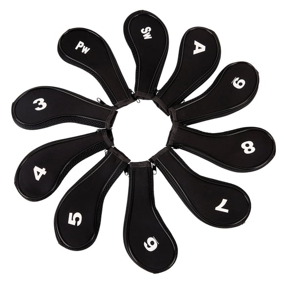 Golf Club Iron Head Covers 10 Piece Set Headcover Shaft Protector Black with White
