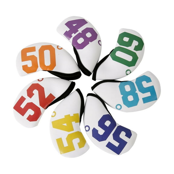 Golf Club Iron Head Covers 7 Piece Set 48 50 52 54 56 58 60 Degrees Wedge Headcovers Protectors White with Multi-Coloured Numbers