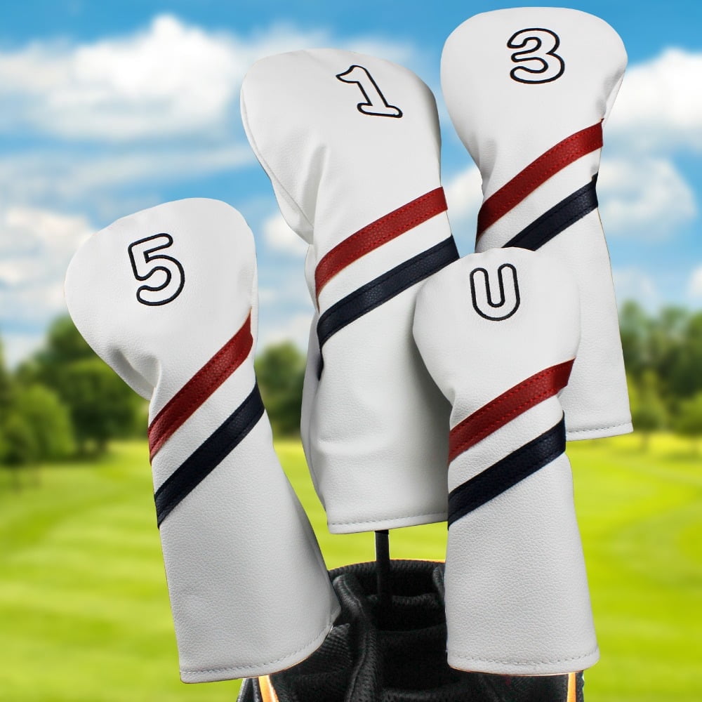 Ekuci Golf Club Head Covers with Embroidery Number PU Leather for Driver Fairway Woods and Hybrids 4-Pack