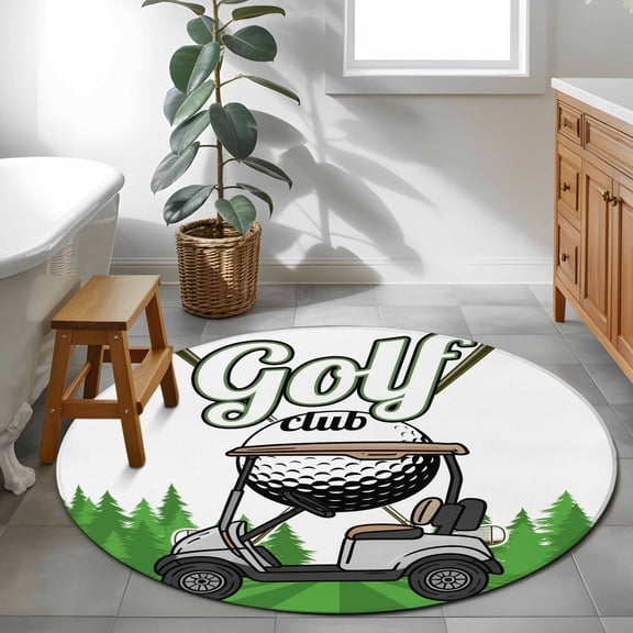 Golf Club Pattern 4ft Round Rug for Cozy Reading Nook Home Office Chair Area, Golf Course Grenn Lawn Tree Background Washable Non Slip Circle Area Rug