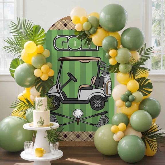 Golf Club Pattern Arch Backdrop Cover, 7.2FT, Golf Grenn Lawn Brown Background Spandex Arch Covers Double-Sided Backdrop for Wedding Birthday Party Photo Background Decoration
