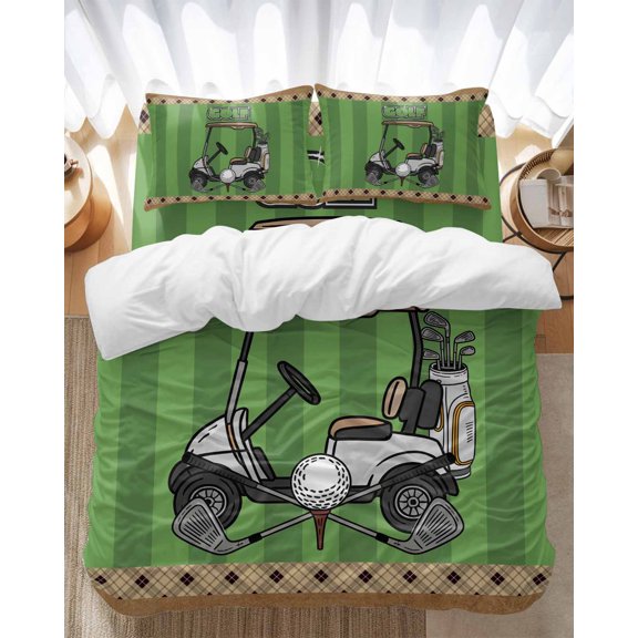 Golf Club Pattern Bedding Duvet Cover Set Full Size 4 Pieces Golf Grenn Lawn Brown Background Bedding Set with Zipper Closure, 1 Comforter Cover 86x90 Inches 1 Flat Sheet & 2 Pillow Cases