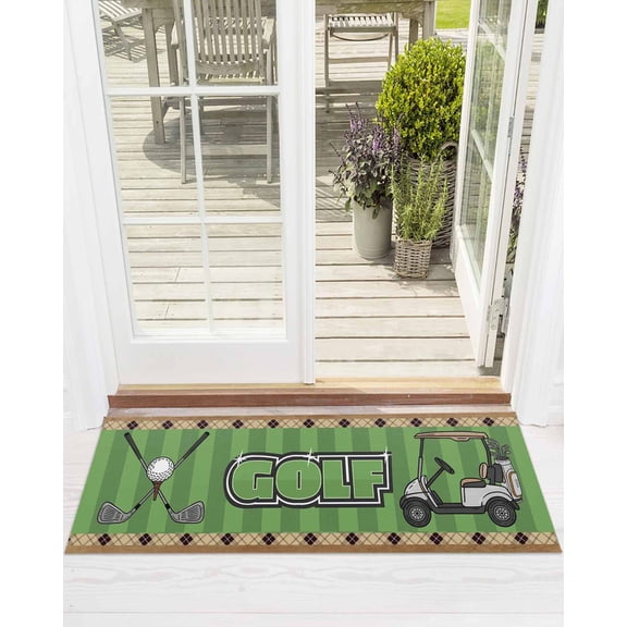 Golf Club Pattern Front Door Mat Golf Grenn Lawn Brown Background Welcome Doormat Indoor Outdoor Entrance Floor Mat Non-Slip Washable Runner Rug for Front Porch Decor 24x71 Inch