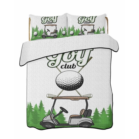 Golf Club Pattern Quilts Bedding Set Queen Size Golf Course Grenn Lawn Tree Background Lightweight Quilted Bedspread 3 Piece Bed Quilt with 2 Pillow Shams All Season for Bedroom 78" x 90"