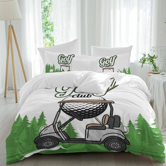 Golf Club Pattern Twin Size Comforter Set, Golf Course Grenn Lawn Tree Background Bedding for All Seasons, 4 Pcs Bed Set, 1 Quiltcover (68"x86") ,1Sheet(67"x116"), 2Pillowcases (30"x20")