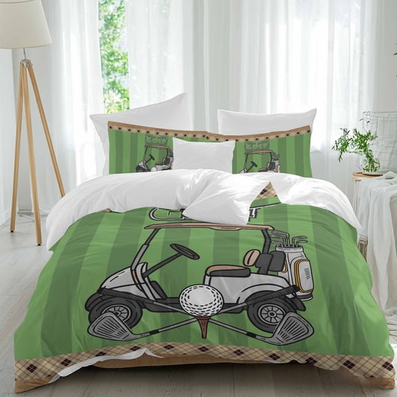 Golf Club Pattern Twin Size Comforter Set, Golf Grenn Lawn Brown Background Bedding for All Seasons, 4 Pcs Bed Set, 1 Quiltcover (68"x86") ,1Sheet(67"x116"), 2Pillowcases (30"x20")