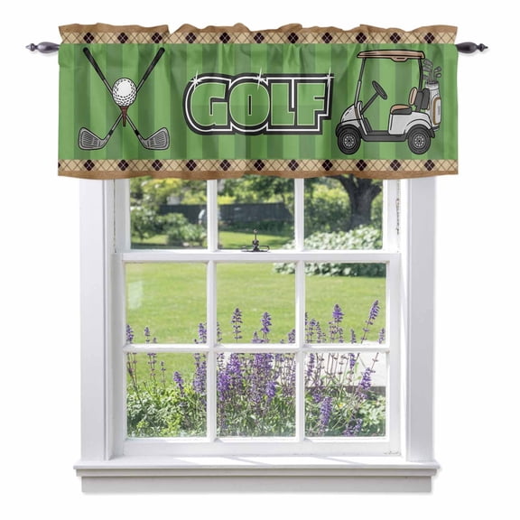 Golf Club Pattern Valance Curtain Golf Grenn Lawn Brown Background Window Valances Rod Pocket Short Curtains Window Treatments for Kitchen Bedroom Bathroom Laundry 60" x 14"