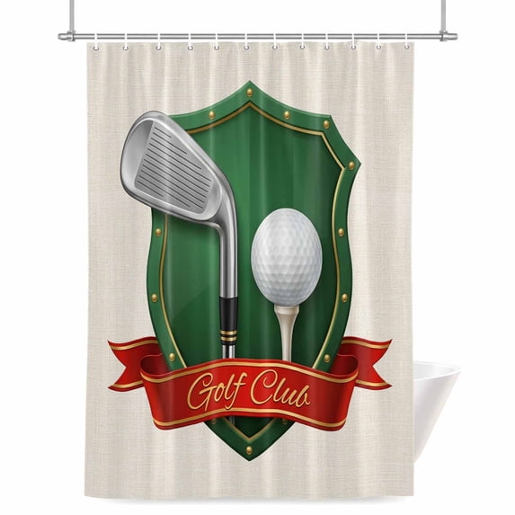 Golf Club Shower Curtain, Golf Balls Sport Green Shield Beige Background Waterproof Shower Curtain Set with 12 Hooks Lightweight Bath Curtains Fabric Bathroom Decor 60x72 Inches