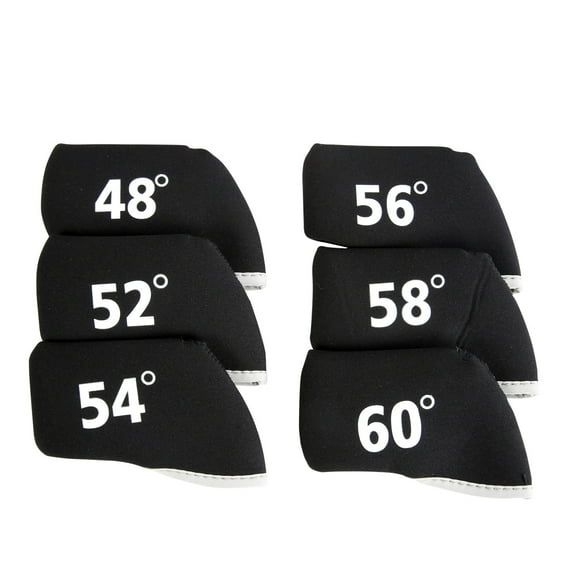 Golf Club Wedge Head Covers 6 Piece Set 48, 52, 54, 56, 58, 60 Degrees Headcover Protectors Black with White Numbers.