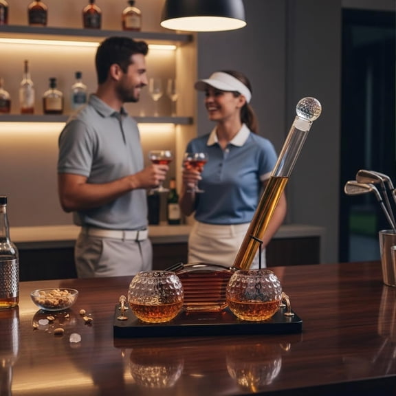 Golf Club Whiskey Decanter Set with 2 Crystal Glasses, 28.7oz Clear Borosilicate Glass 15.2oz Ball Cups for Bourbon Serving, Sports Themed Barware Birthdays Fathers Day Retirement Gifts for Men